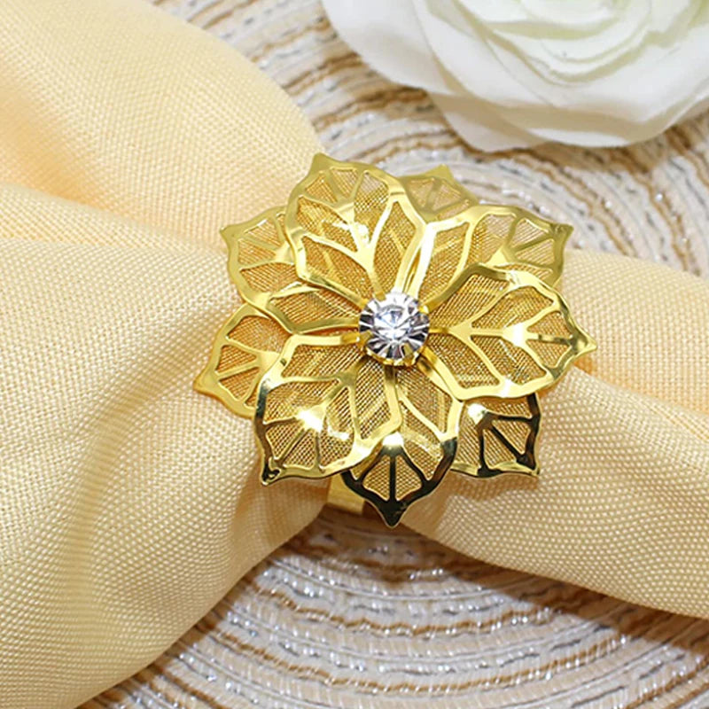 Gold Alloy Napkin Rings Hollow Out Flower Ring Napkin Holder Adornment Exquisite Napkins Rings Wedding Banquet Tableware Decor