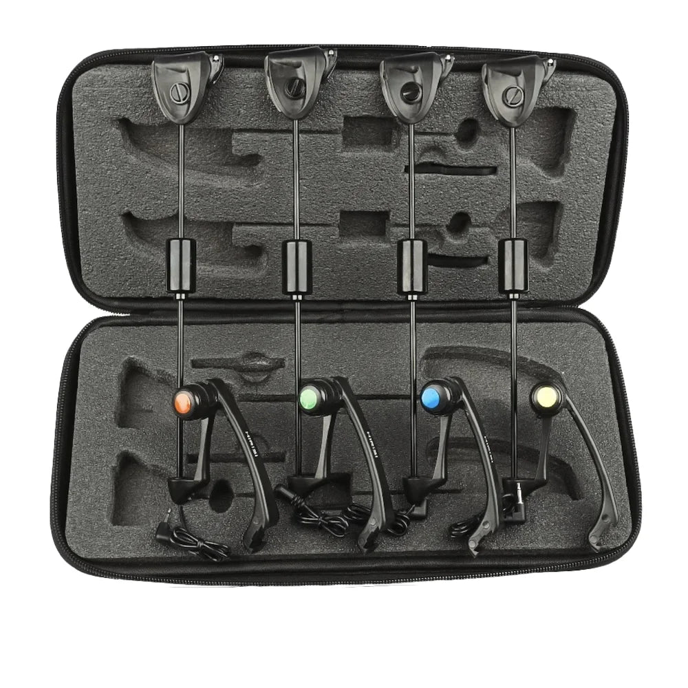 Carp Fishing Swingers Set in Case Illuminated Drop off Indicators Led 4pcs Colors in Zipped protection Fishing case