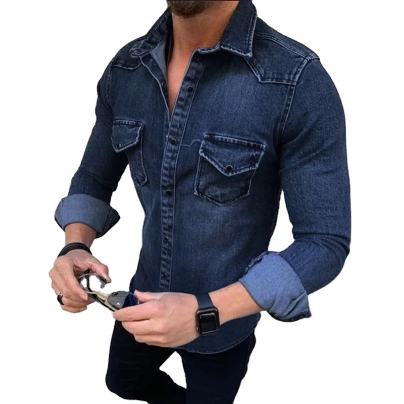 RNSHANGER Mens Fashion Long Sleeved Shirt Vintage Long Sleeve Washed Denim Slim Fitted Shirt With Double Pocket