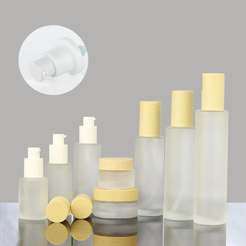 Empty Glass Bottle 100ml Bamboo Cap Matte clear Frosted Cosmetic Bamboo Pump Jar Bottle Cosmetic 1oz Bamboo Lid Pump Bottle