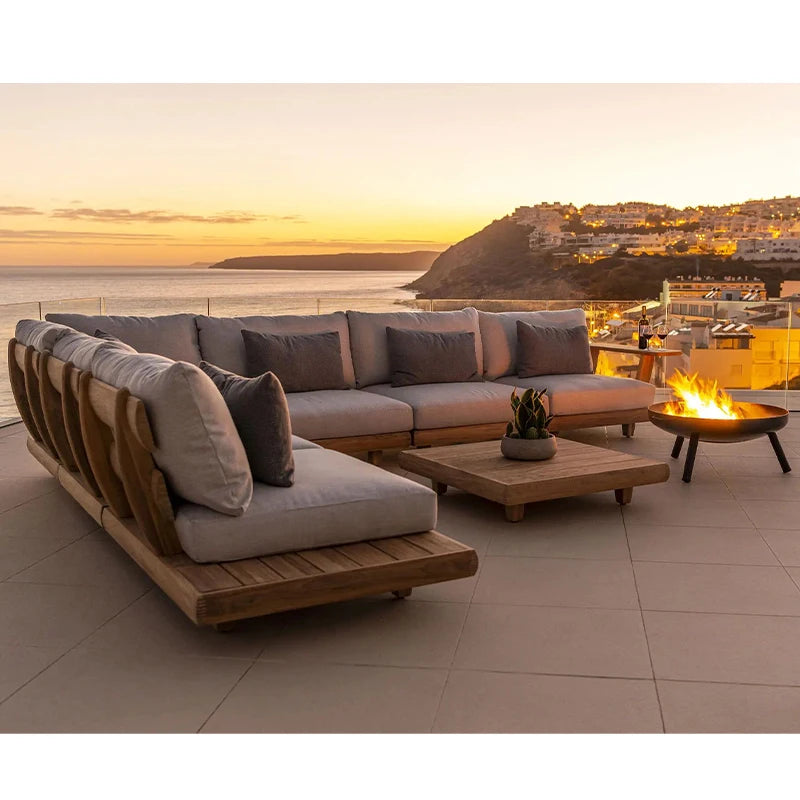 Modern Luxurious Outdoor Hotel Patio Furniture-Teak Wood Sofa Set L Sectional for Courtyard Park-Balcony Application