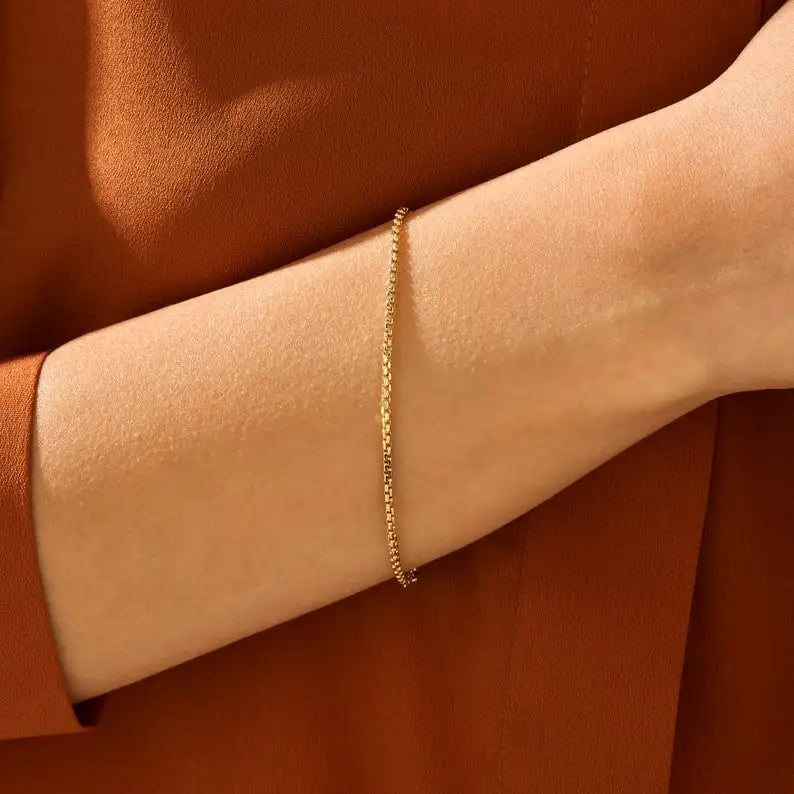 EManco Pulsera Men Women 2MM High Quality 14k  Gold Plated Dainty  Stainless Steel Simple Box Chain Bracelet Jewelry