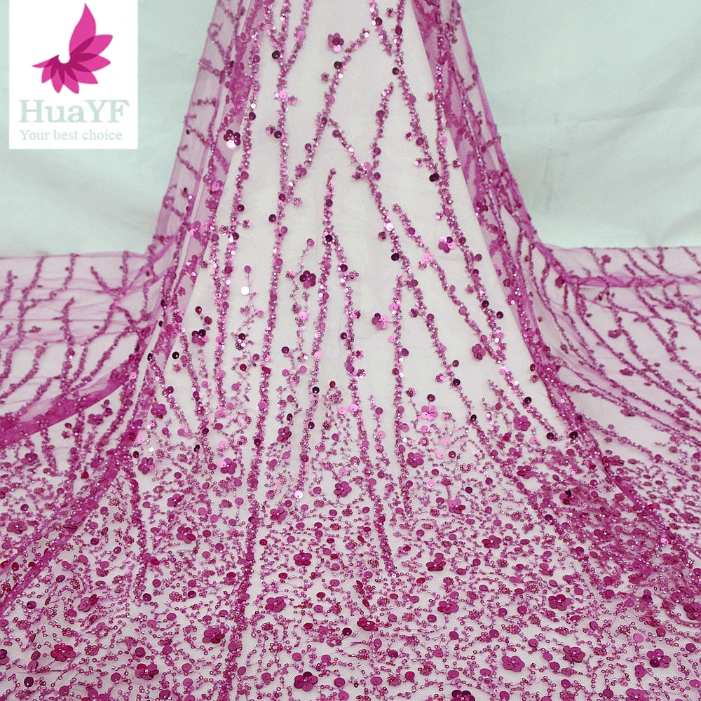Hot Sale Top Quality Hot pink 3d Beaded Crystal Sequins French Wedding Lace Dress African 5 Yards Wholesale Fabric HY1306-14