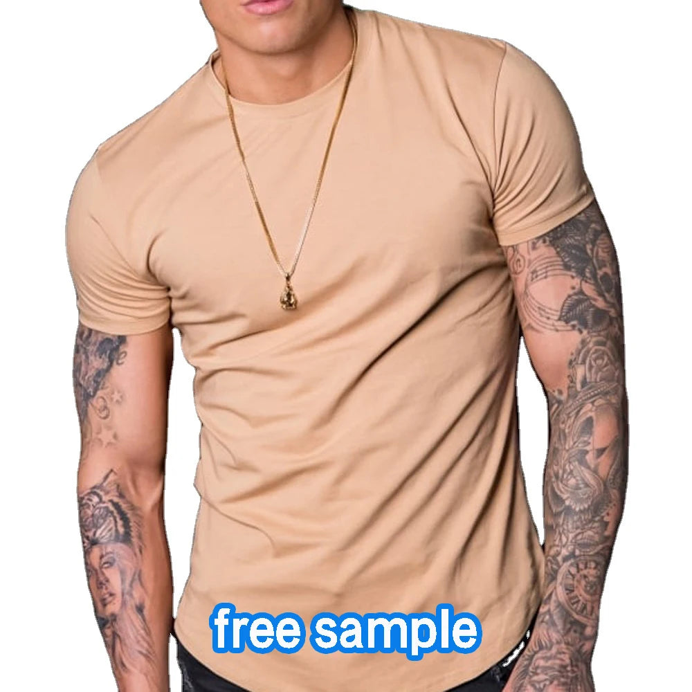 2023 New 95% Cotton 5% Spandex Men's T-Shirt Slim Fit Long Hem Curved Hem Muscle Fitness T Shirt Stylish Design