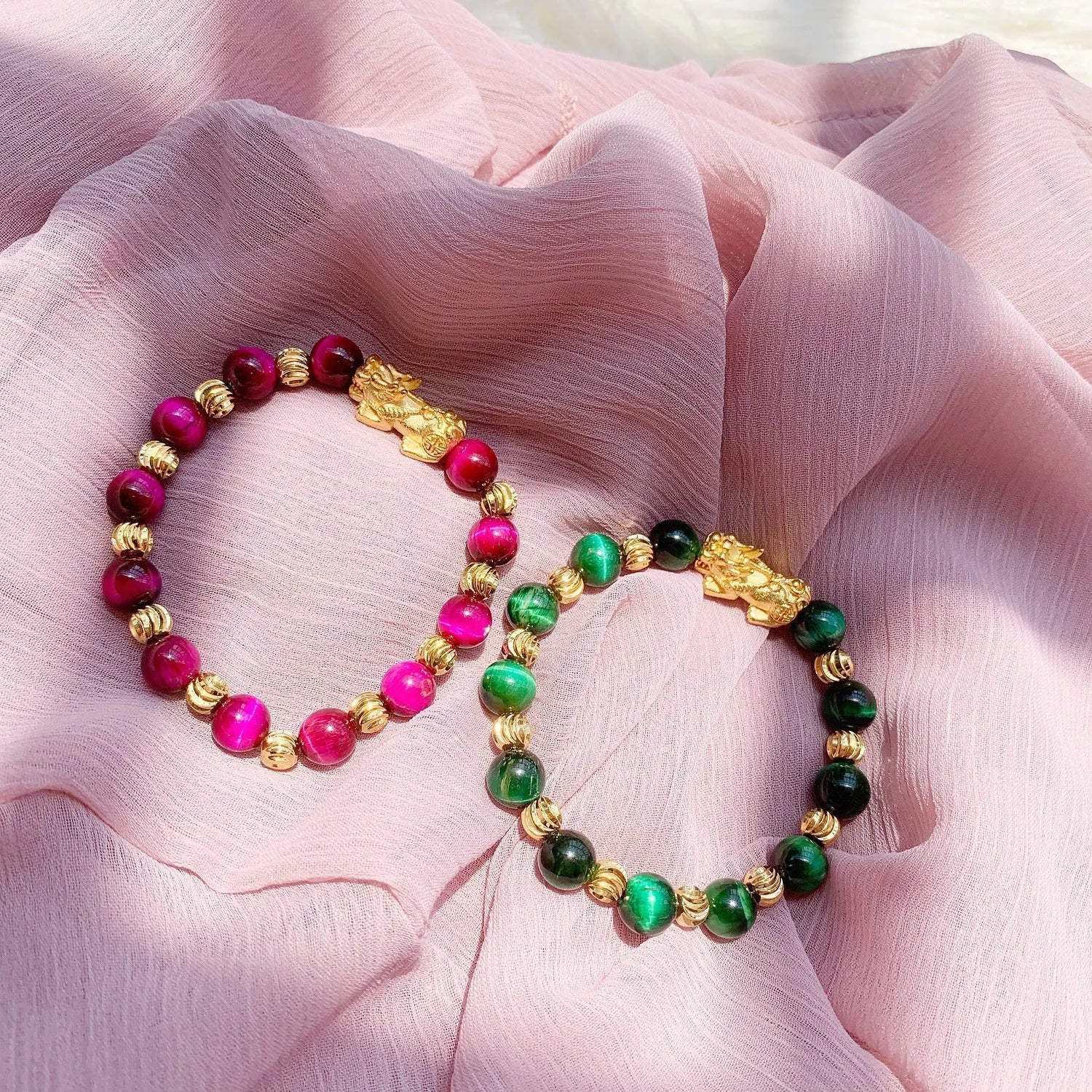 Healing Tiger Eyes Couple Feng Shui Gemstone Bracelet Adjustable Gold Pixiu Charm Birthstone Anxiety Crystal Bracelets for Men