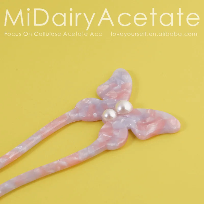 Midairy French butterfly with Pearls Acetate Hair Fork Sticks Accessories U Shaped Hairpin 148mm 4320