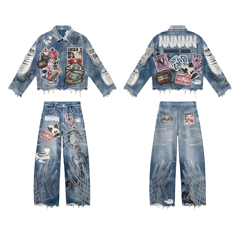 YSJY Manufacturer Custom Chenille Embroidery Denim Jacket and Jeans Pants Streetwear Distressed Acid Wash Vintage Denim Set Men