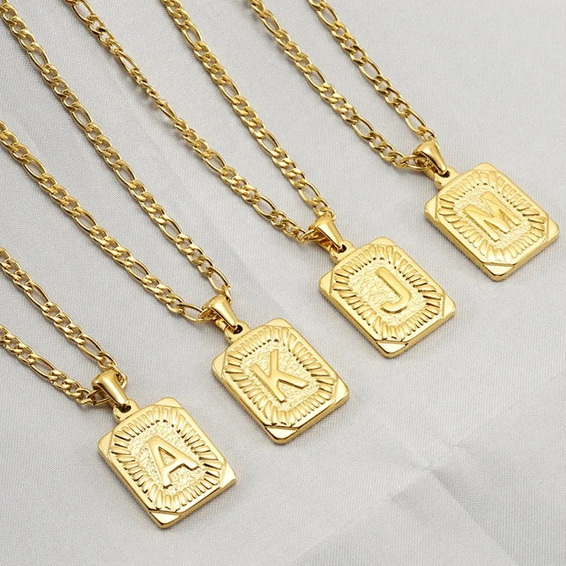 MECYLIFE 18K Gold Figaro Chain Necklace Men Stainless Steel Double Side Letter Pendant Necklace Hip Hop Initial Necklace