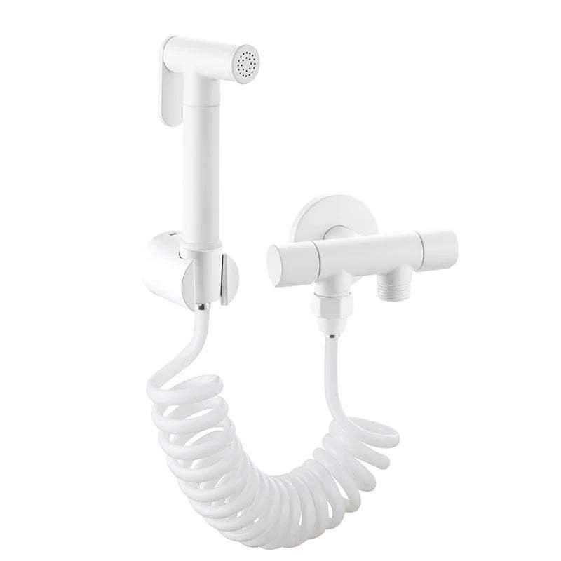 White Brass Chrome Plated Press Type Women's Washing Nozzle One in and Two Out Rotary Switch Valve Including ABS Wall Seat