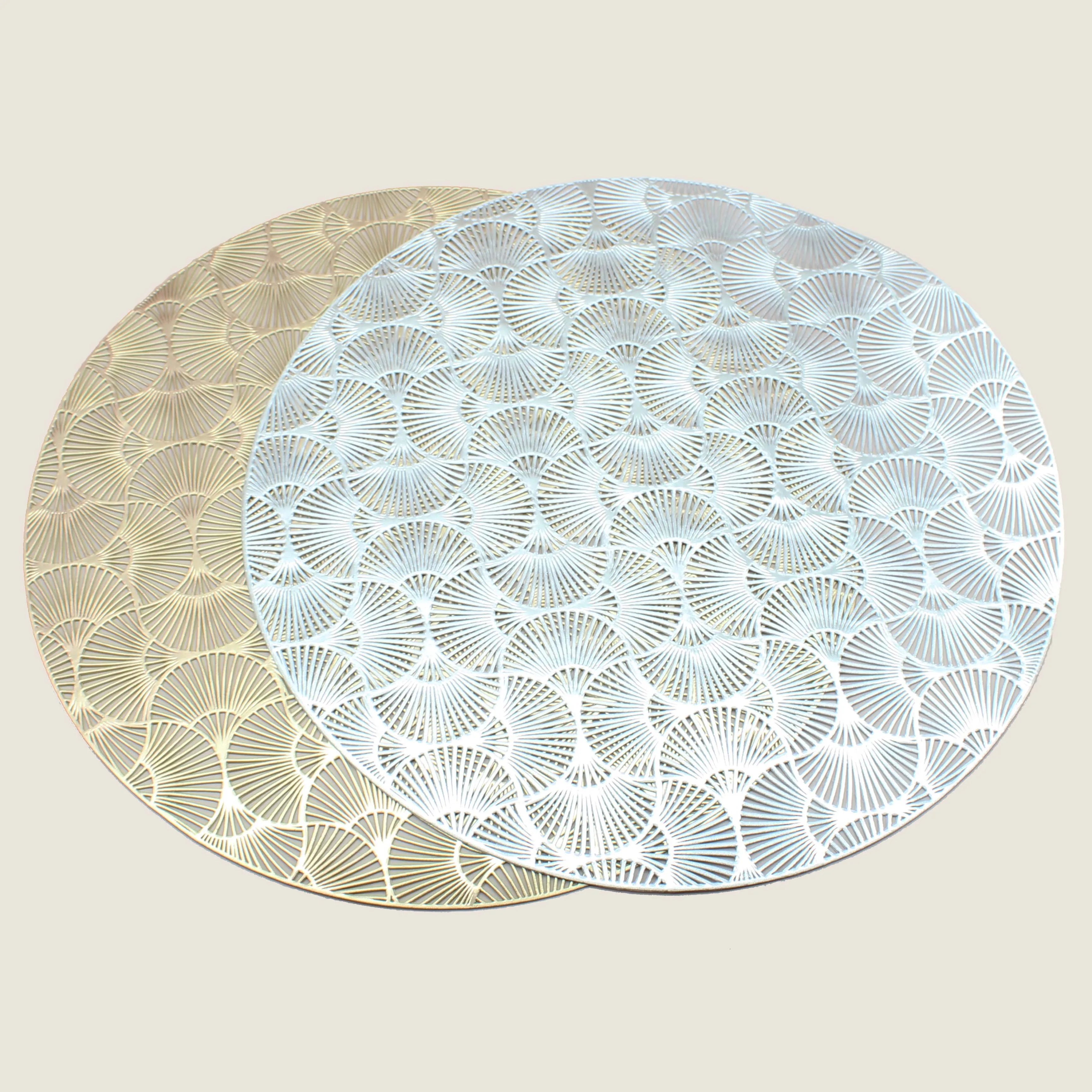 Custom logo Ychon Metallic Ginkgo Placemats PVC Wedding Table Place Mats Round Cutwork Decorative Dinning Table Mats
