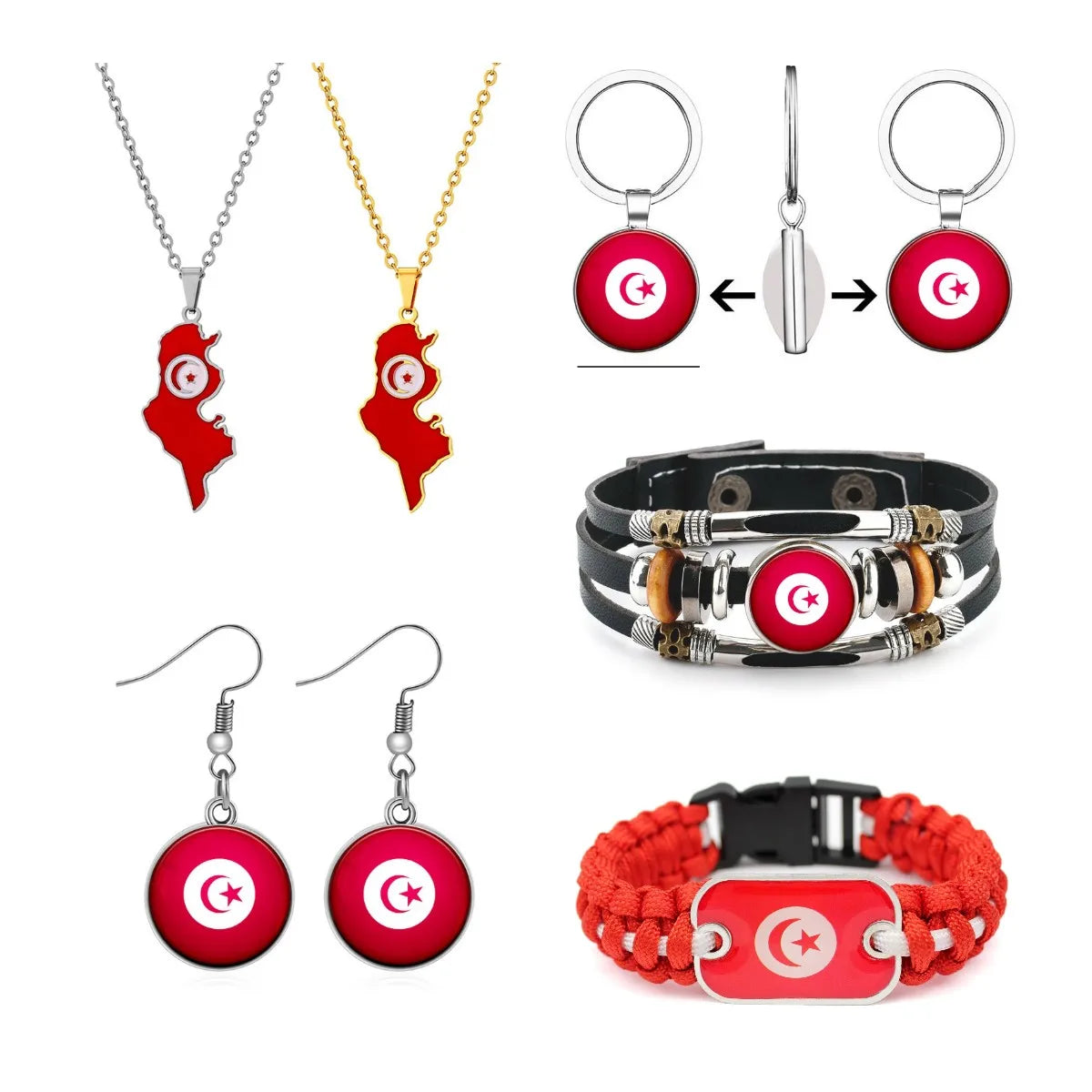 80 Models Tunisia Flag Map Tie Clip Lapel Pin Ring Brooch Cuff Link Necklace Bracelet Earrings Key Chain Tunisian Jewelry Set