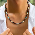 Summer Boho Men Beaded Necklace Jewelry Personalized Wooden Beads Splice Natural Turquoise Stone Necklace Gifts for Boyfriend