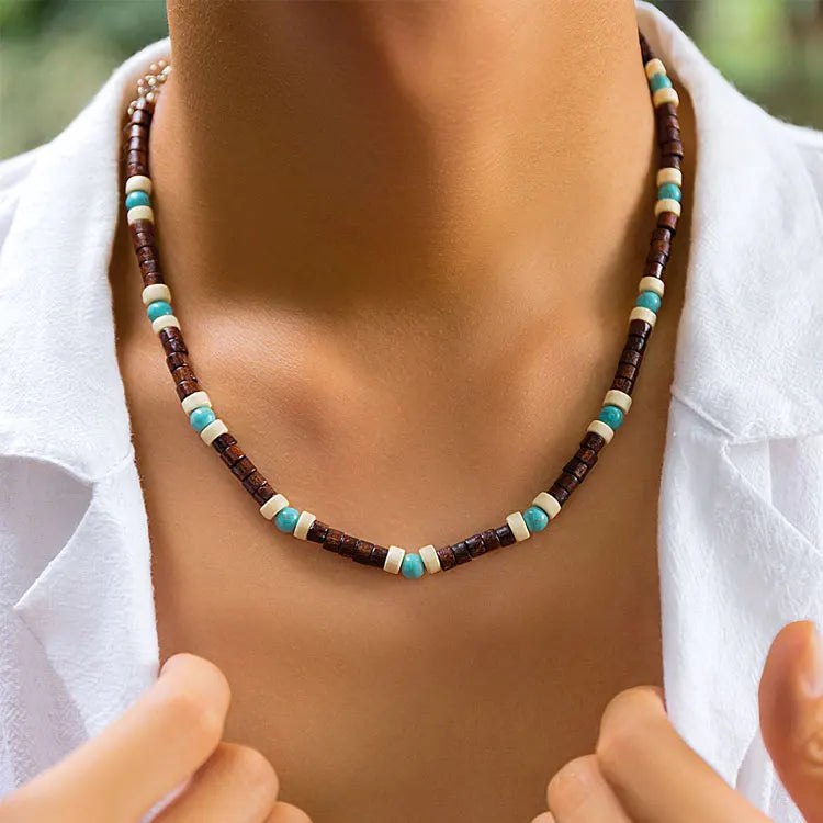 Summer Boho Men Beaded Necklace Jewelry Personalized Wooden Beads Splice Natural Turquoise Stone Necklace Gifts for Boyfriend