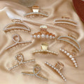 Gold Metal Bling Pearl Designer Large Hair Claw Clip Crystal Rhinestone Beads Clamp Hair Clips Accessory for Women Girls