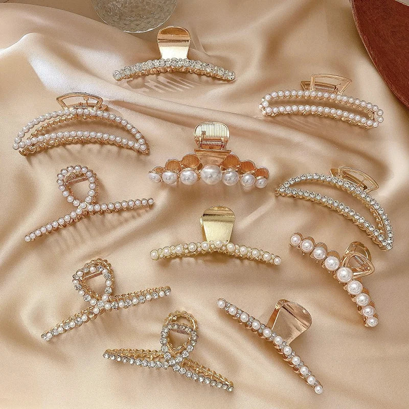 Gold Metal Bling Pearl Designer Large Hair Claw Clip Crystal Rhinestone Beads Clamp Hair Clips Accessory for Women Girls