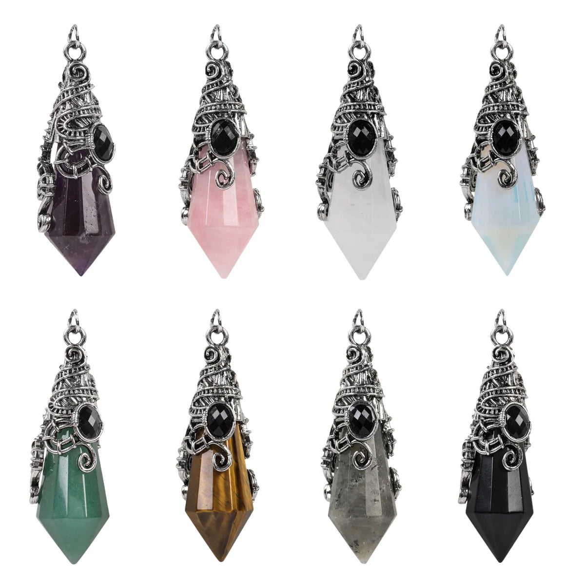 New Arrival Natural Gemstone Crystal Resin Crafts Inlaid Ancient Silver 12 Sided Conical Pendant Pendulum Diy Crafts