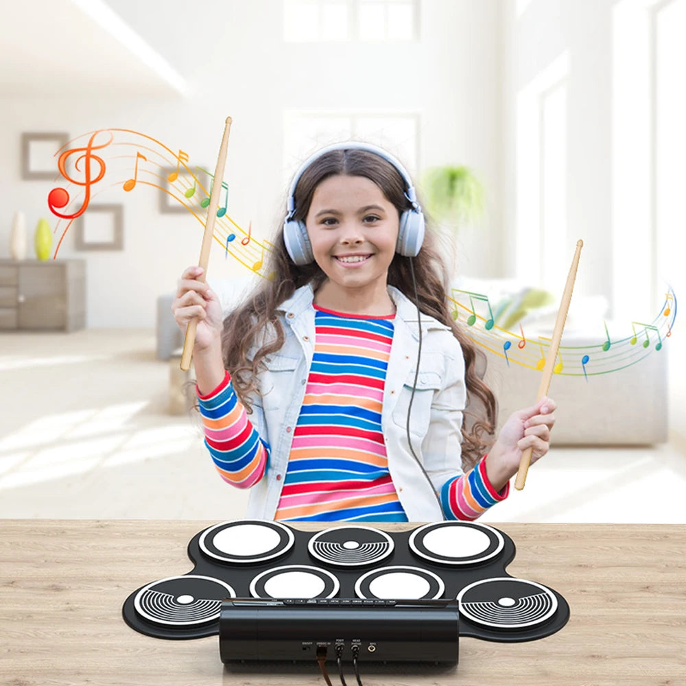 2022 Konix Newest Waterproof Silicone Drum Foldable Black Electronic Drum Kit with Rechargeable Battery and Two Speakers