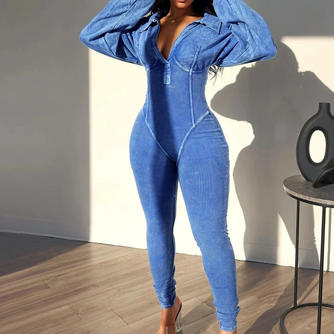 RTS Solid Color Washed Style Deep V Neck Bodycon Tight Waist Long Sleeve Casual Women Jumpsuits