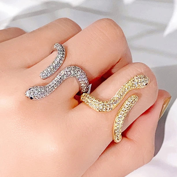 CAOSHI Free Size Shiny Pave Full Zircon Snake Open Adjustable Rings Animal Personality Silver Gold Plated Rings for Man Woman
