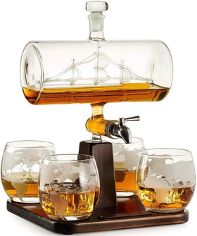 1000ml Creative Antique Barrel Sealing Drum Boat Ship Shape Decanter with Bracket and Funnel 4 Cups