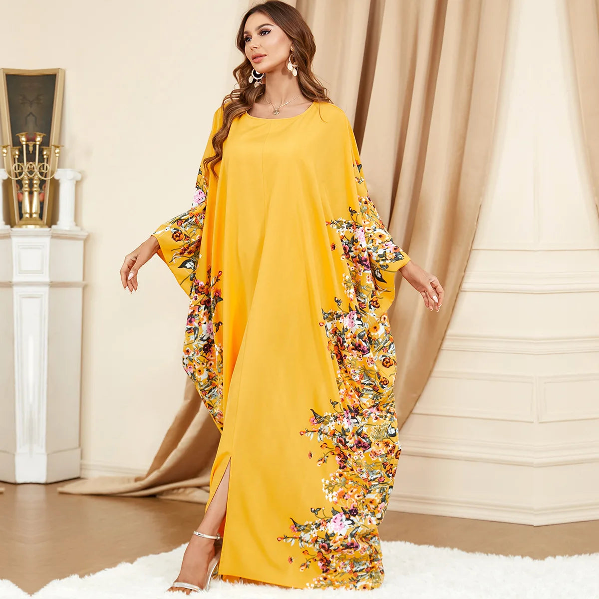 Middle East Muslim Yellow Bat Sleeve Loose Fashion Atmosphere Large Size Dress