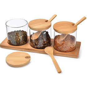 Japanese Style 300ml 10 oz 3 in 1 Empty Kitchen Glass Storage Spice Seasoning Jar Set with Bamboo Spoon and Tray