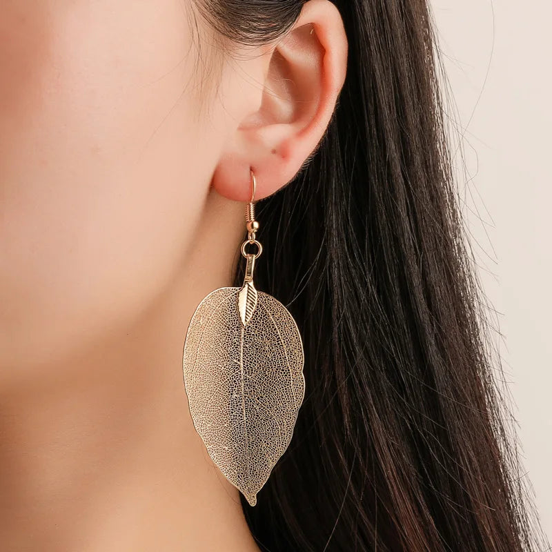 Hot Sale Gold Silver Gold Pink Leaf Pendant Earrings Statement Hollow Large Leaf Hook Earrings for Women
