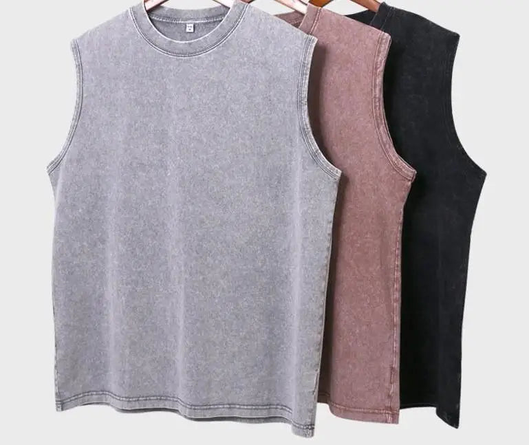 Custom Men's Acid Wash Black Oversized Vest 95% Cotton 5% Spandex Casual Stand Collar Heat-Transfer Printing Breathable