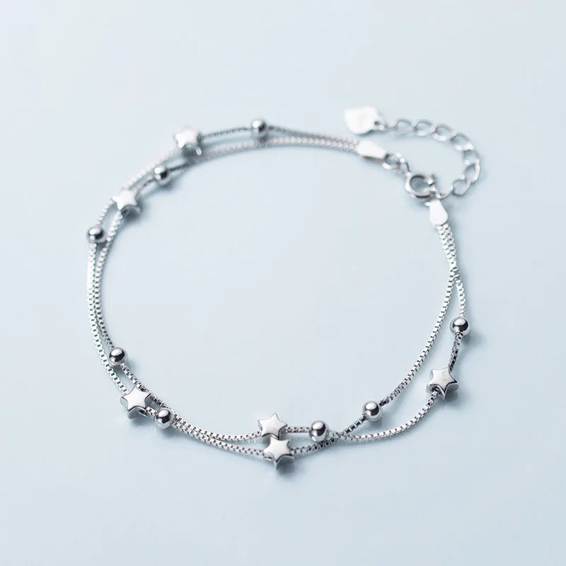 Wholesale Fashion 925 Sterling Silver Glossy Star Beads Layer Chain Bracelets Women Jewelry