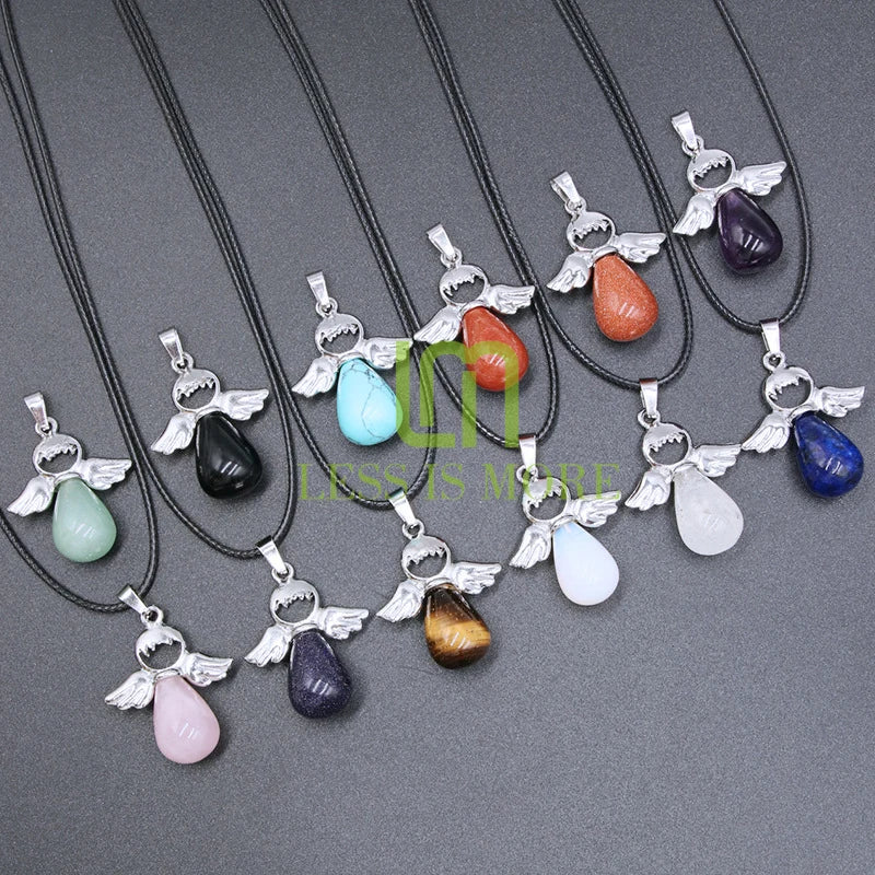 Wholesale Natural Healing Crystal Stone Angel Charm Pendants Necklace Rose Quartz Amethyst Aventurine Gemstone Jewelry