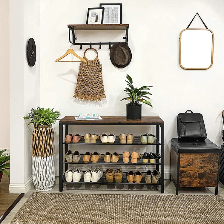 Multi Layer New Hallway 4 Row Living Room Metal Mesh Panal Display Wooden Shoes Rack