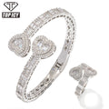 Hip Hop Jewelry Bling Bling Iced Heart Bangle Ring Set Adjustable Size Baguette CZ Bracelet Heart Ring for Women Fine Bangles