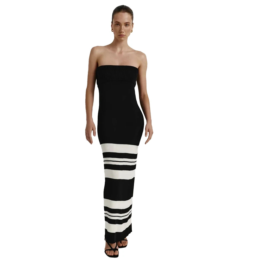Fashion Striped Wrap Knitted Dress Elegant Slim Sleeveless Bodycon Knit Sweater Dress Knitted Dress for Women