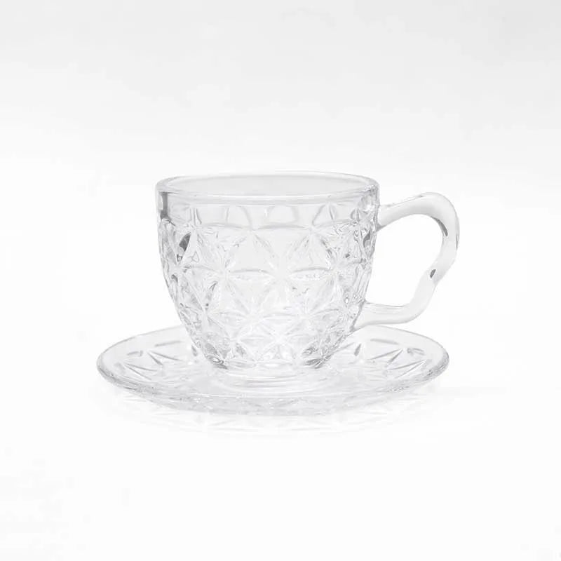 Clear Hand Blown Custom High Borosilicate  Tea Coffee Glass Cup Set with Saucer Plate