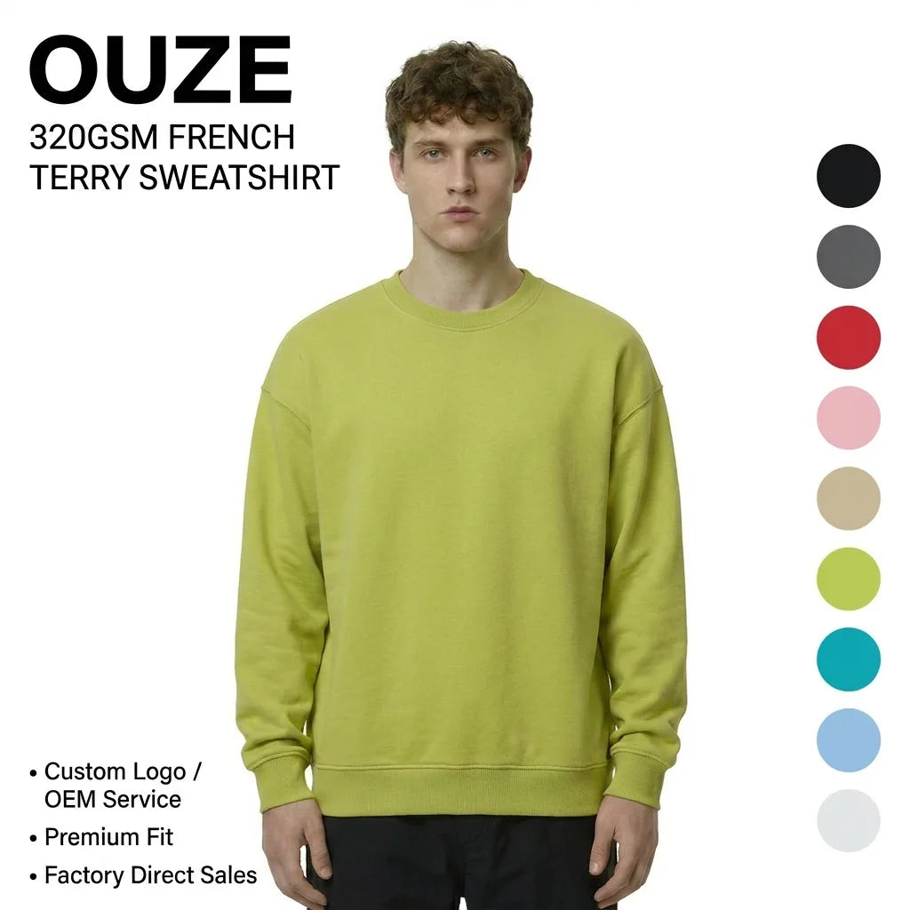 Men Sweatshirt 320gsm French Terry Custom Logo Single Color Trend Hoodie Loose Cotton O-Neck Pullover Sweatshirt Unisex