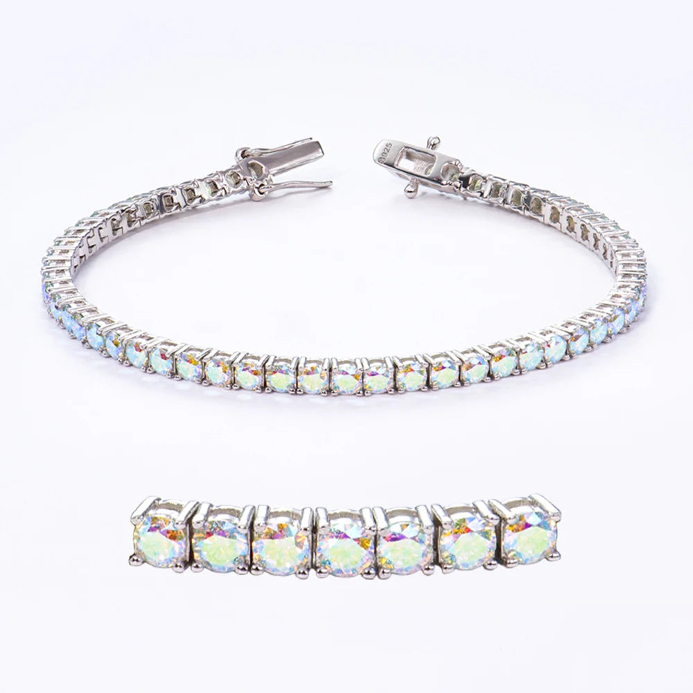 XingyuegemsTrendy Jewelry 925 Sterling Silver Chain 3mm Round Brilliant Cut AB Color Synthetic Moissanite Tennis Bracelet