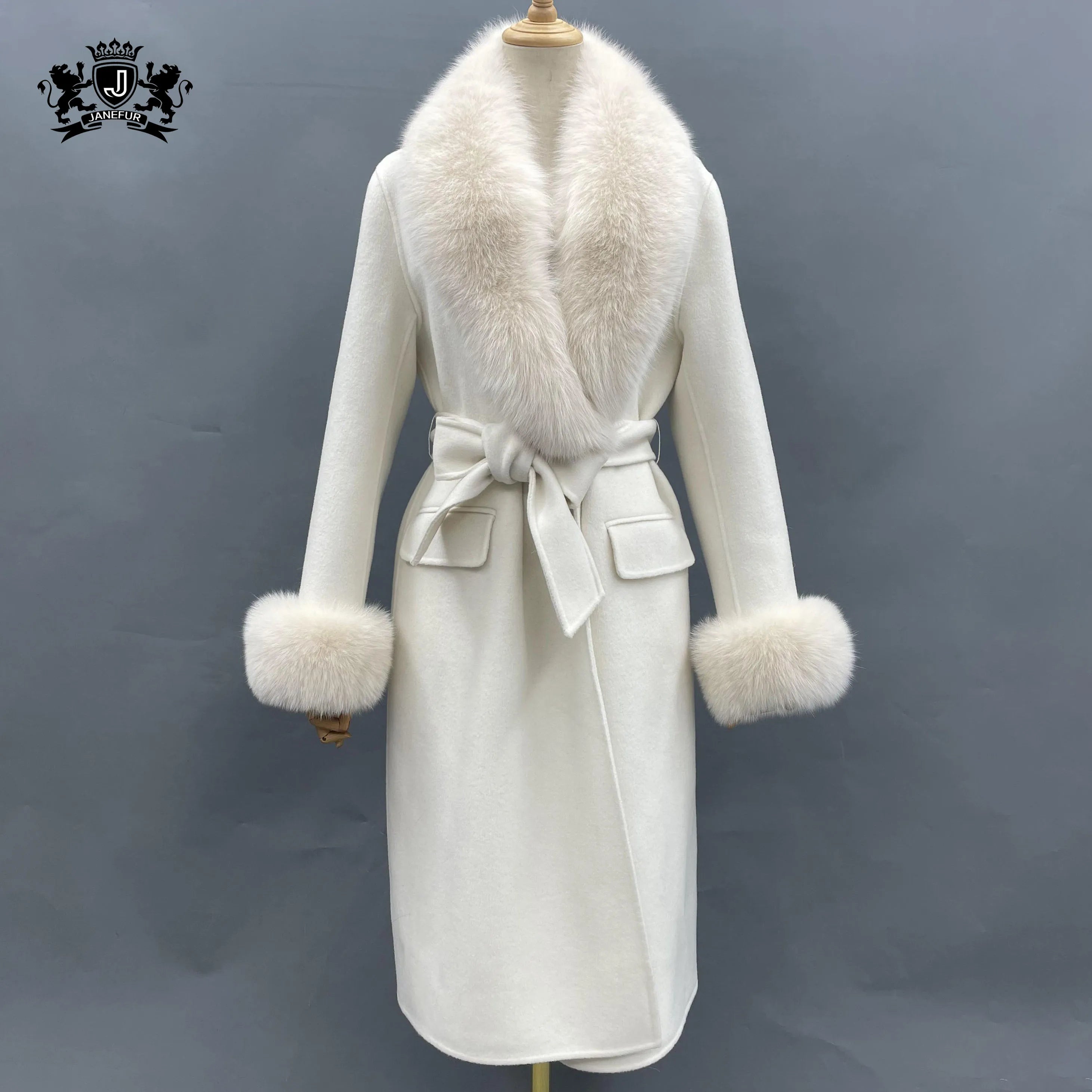 Fur Fashion Winter Women Cashmere Coat Luxury Leather Thick Fox Fur Collar Cashmere Trench Coat