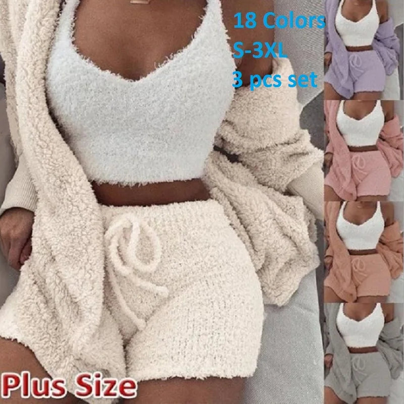 Fall Winter and Autumn Long Sleeve Coat Pajamas Plush Three Piece Set Velvet Fuzzy Sleepwear Plus Size Pajamas Loungewear