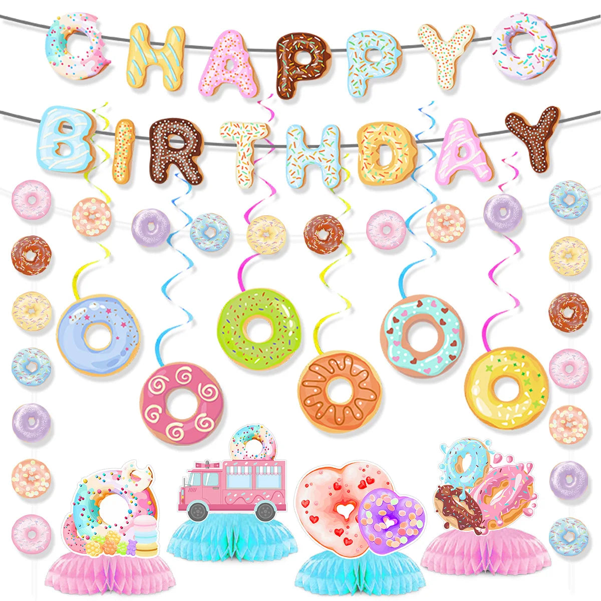 Sweet Donut Children's Theme Birthday Party Decoration Flag and Flower Hanging Balloon Honeycomb Ball Pendant Set