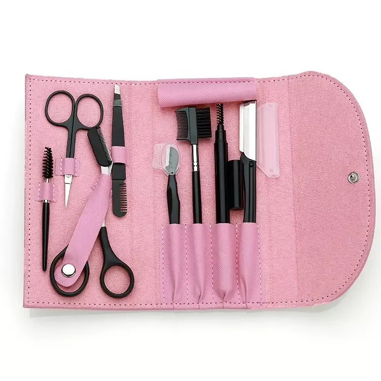 Fashion Pink 8 Pieces Portable Makeup Tool Eyebrow Clip Eyebrow Tweezers Kit Eyelash Scissors With Comb