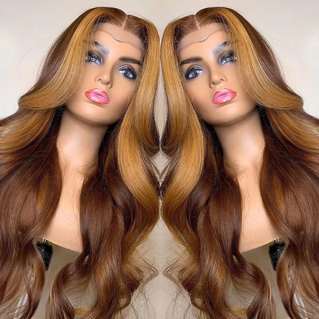 Ombre Honey Brown Color Highlight Body Wave Full Mink Pre Plucked Cuticle Aligned Human Hair Lace Front Wigs