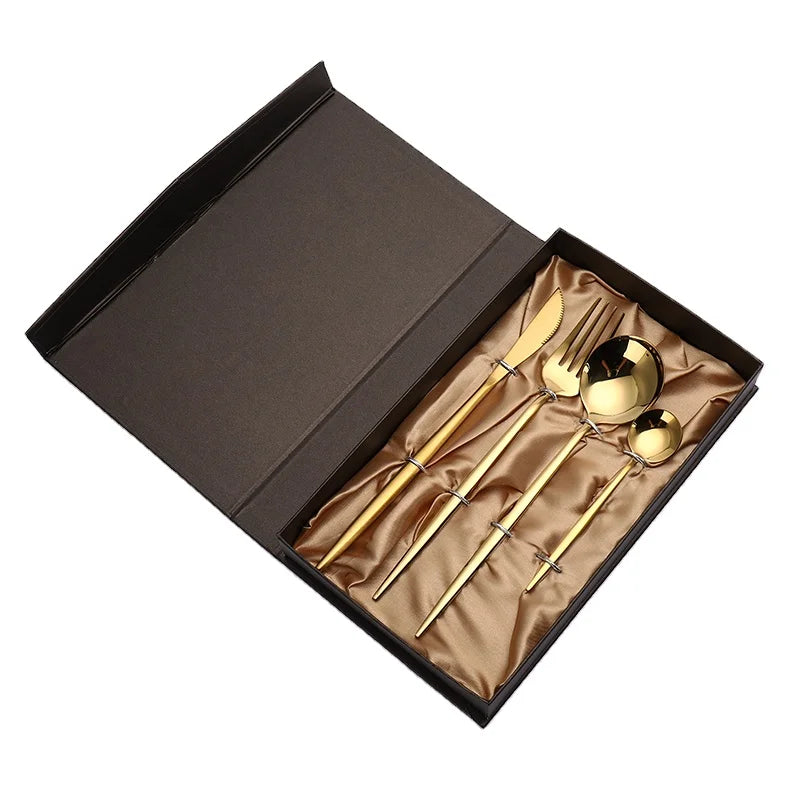 Shiny 304 Stainless Steel Flat Handle Flatware Cutlery Set Silverware Tableware Set