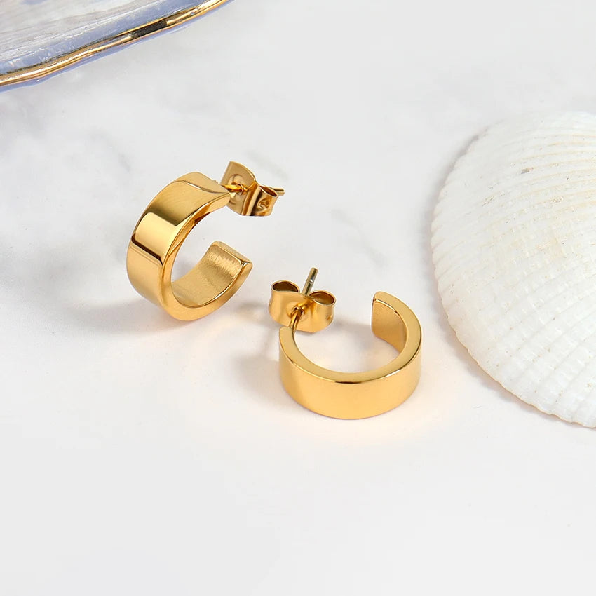 2023 Fashion Chunky Engravable Cc Stud Earrings Stainless Steel 18k Gold Plated Hypoallergenic Daily Wear 5mm Wide Earrings