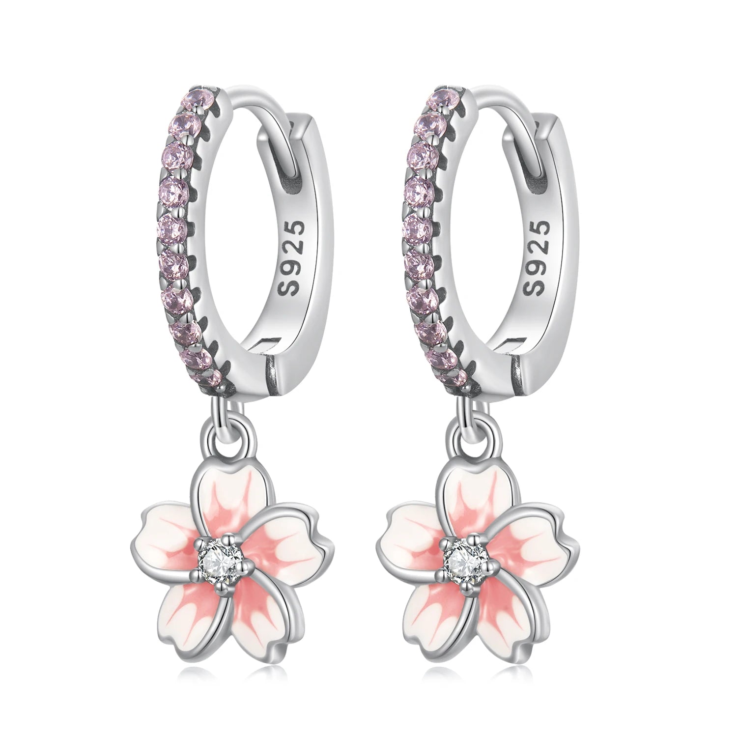 Pink Flower Zircon Women Hoop Earrings 925 Sterling Silver Pink Cherry Blossoms Drop Earring Wedding Statement Earrings SCE1509
