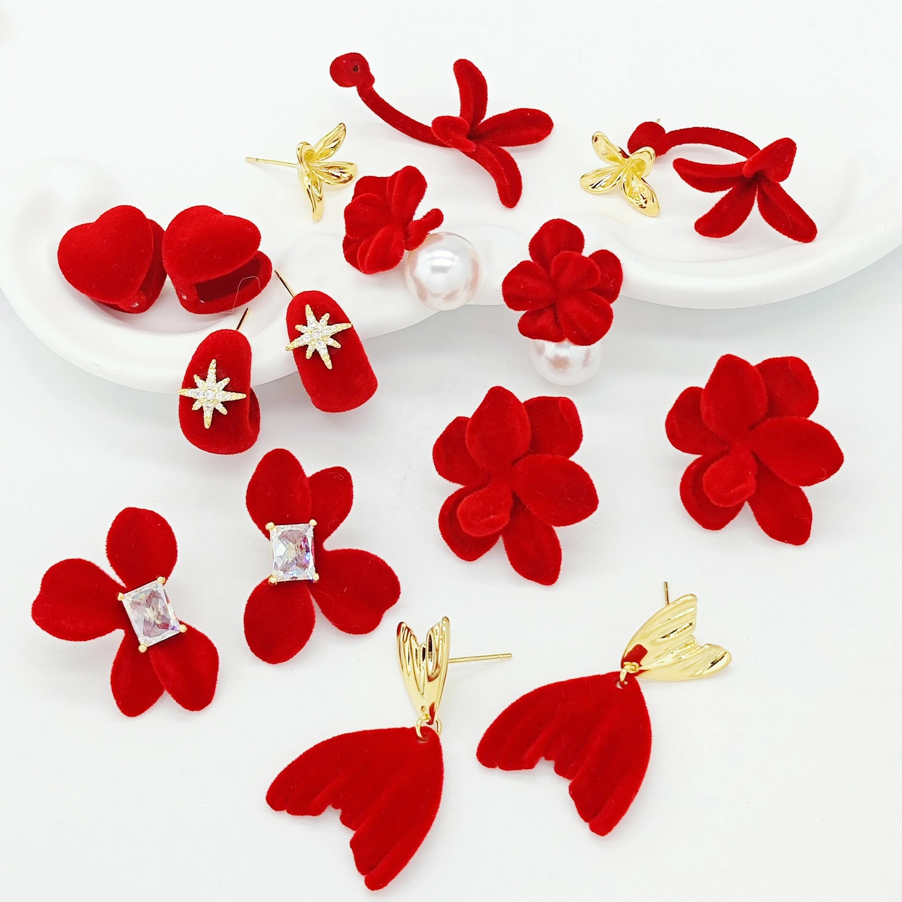 Ilona Christmas Flower Mermaid 14K Gold Plated Flocked Copper Drop Earrings Set for Women Stud Earring Fashion Jewelry Wholesale