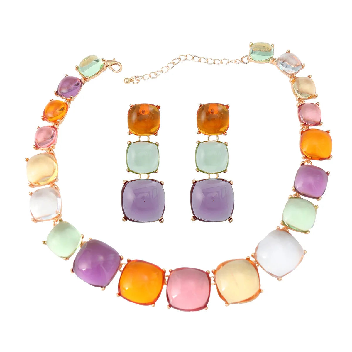 2023 New Arrival Trendy Bohemian Ethnic Square Alloy 18K Gold Plated Statement Earrings Necklace Sets Women Clear