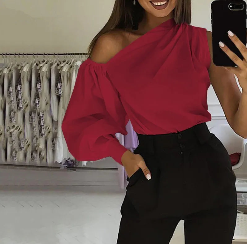 New Design Fashion Fall Casual 6 Color Single Shoulder Top Puff Sleeve Shirt for Women