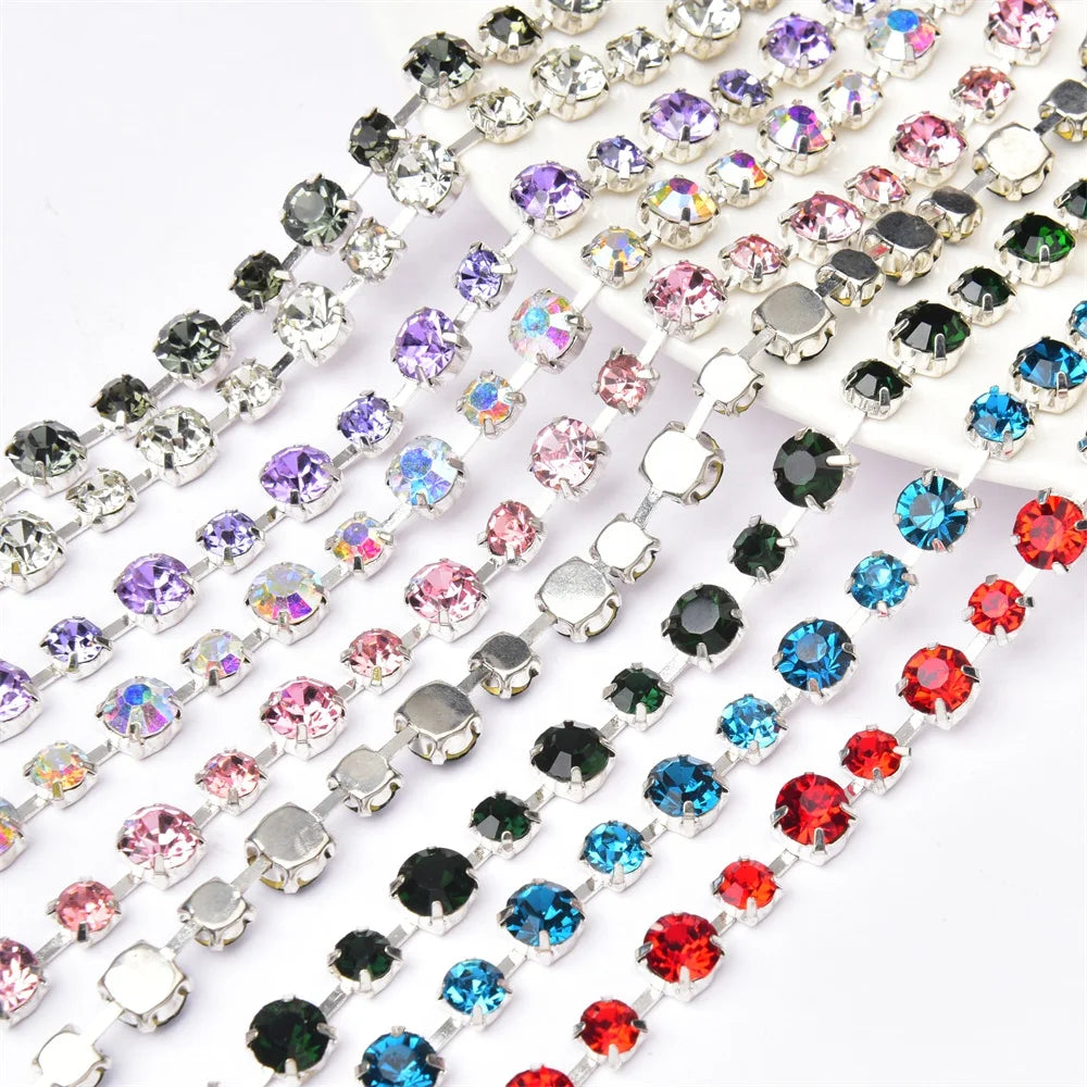 New 8mm Width Round Rhinestone Cup Silver Metal Chain Crystal Trimmings Sew on Clothes Applique Diy Necklace Jewelry Accessories