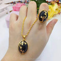 Dubai Gold Gold Jewelry Set Gold Plated Necklace Gemstone Flower Shaped Round Pendant Ring Set