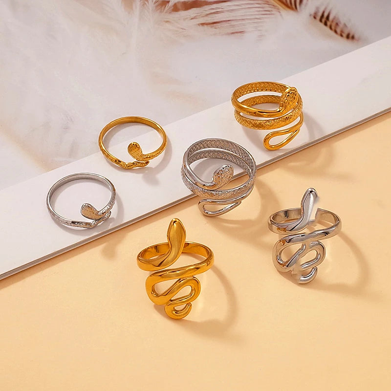 New Arrival 2025 Trending Stainless Steel Jewelry Wholesale 18K Gold Plated Dainty Snake Adjustable Finger Ring Woman for Gift